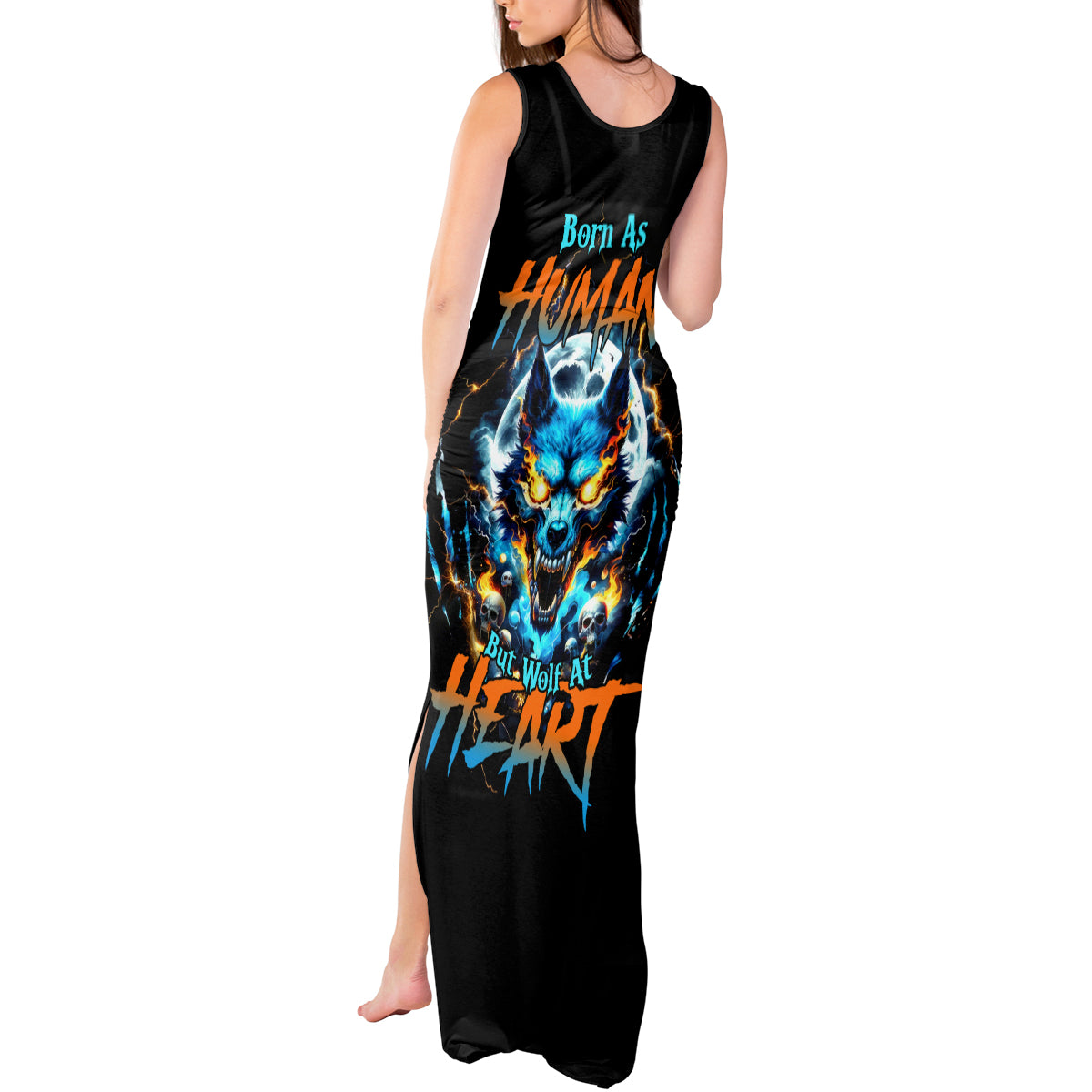 Wolf Skull Tank Maxi Dress Born As Human But Wolft At Heart - Wonder Print Shop