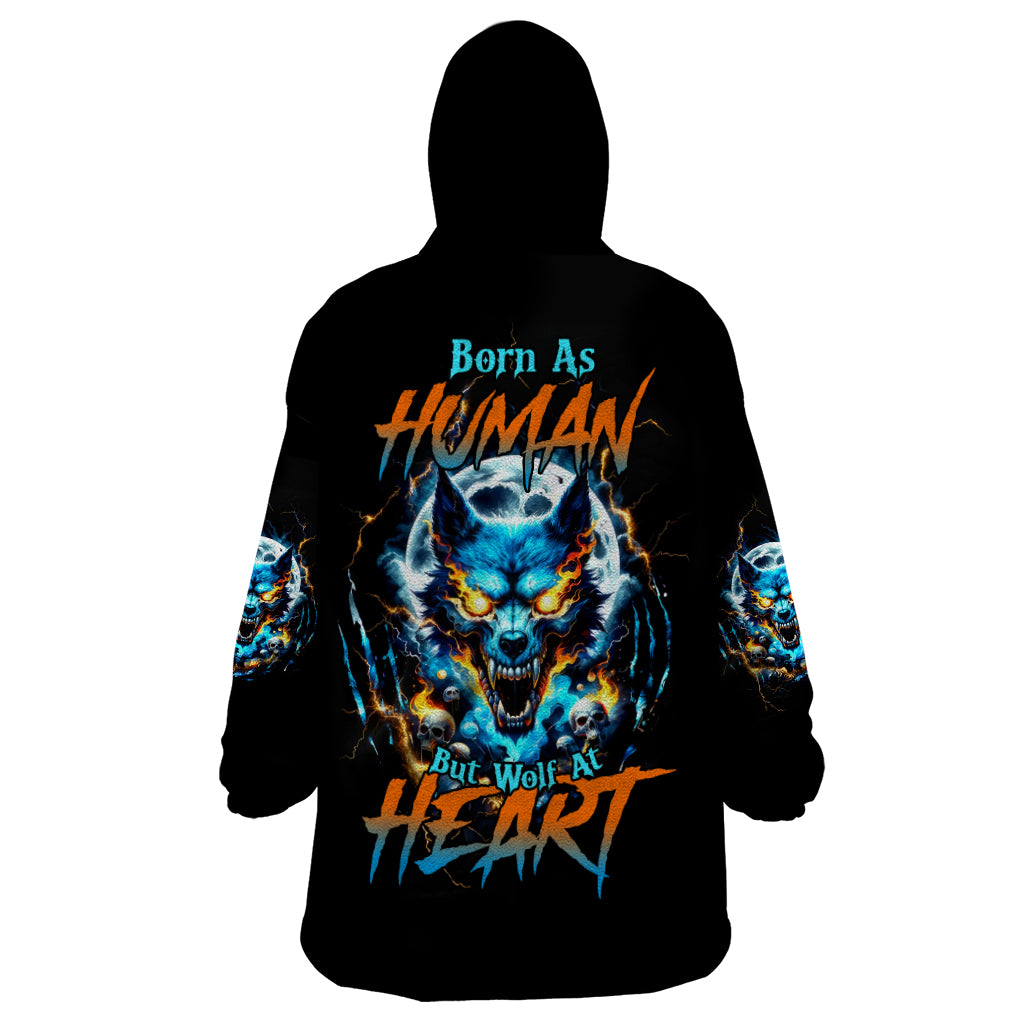 Wolf Skull Wearable Blanket Hoodie Born As Human But Wolft At Heart - Wonder Print Shop
