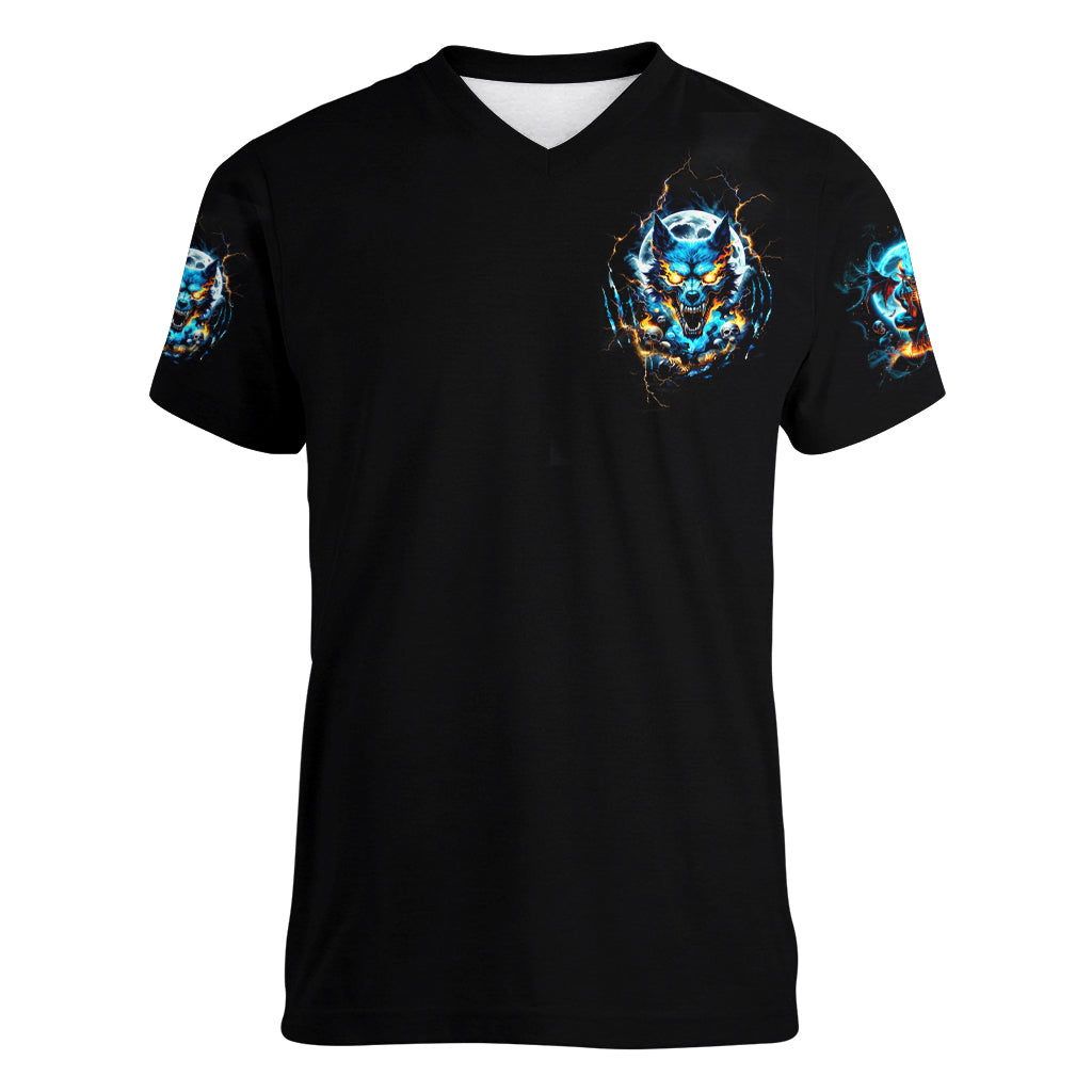 Wolf Skull Women V Neck T Shirt Born As Human But Wolft At Heart - Wonder Print Shop