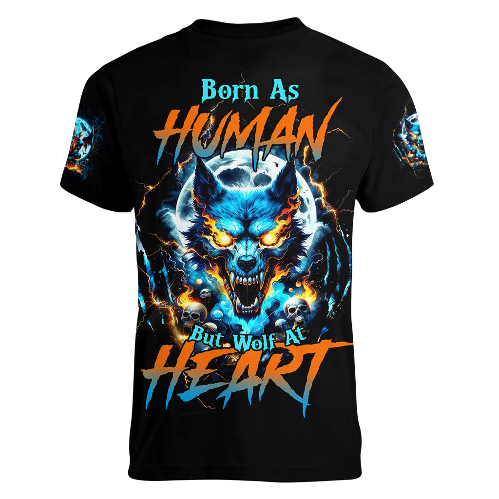 Wolf Skull Women V Neck T Shirt Born As Human But Wolft At Heart - Wonder Print Shop