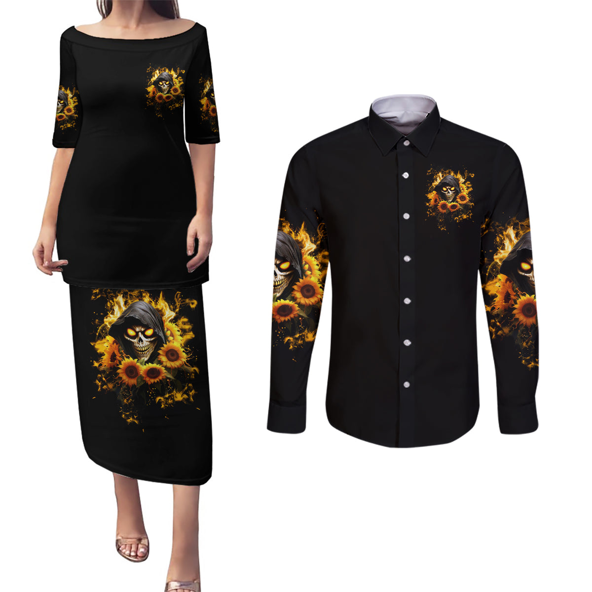 Sunflower Skull Couples Matching Puletasi and Long Sleeve Button Shirt Assuming I Was Like Most Girls Was Your First Mistake - Wonder Print Shop