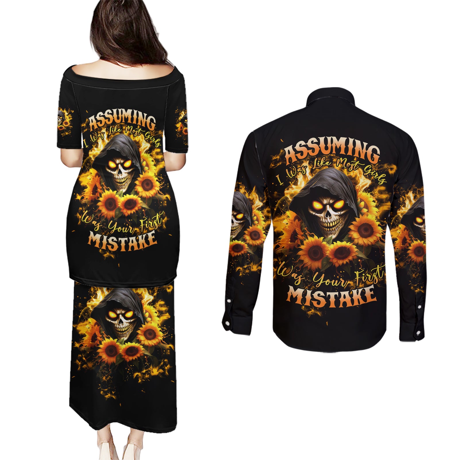 Sunflower Skull Couples Matching Puletasi and Long Sleeve Button Shirt Assuming I Was Like Most Girls Was Your First Mistake - Wonder Print Shop
