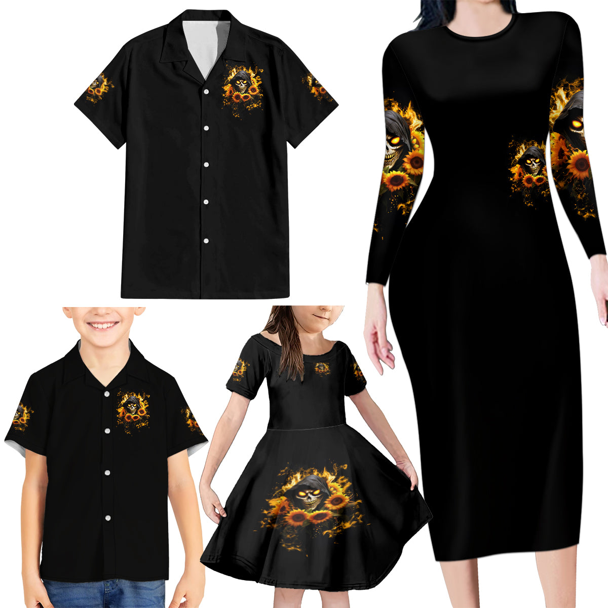 Sunflower Skull Family Matching Long Sleeve Bodycon Dress and Hawaiian Shirt Assuming I Was Like Most Girls Was Your First Mistake - Wonder Print Shop