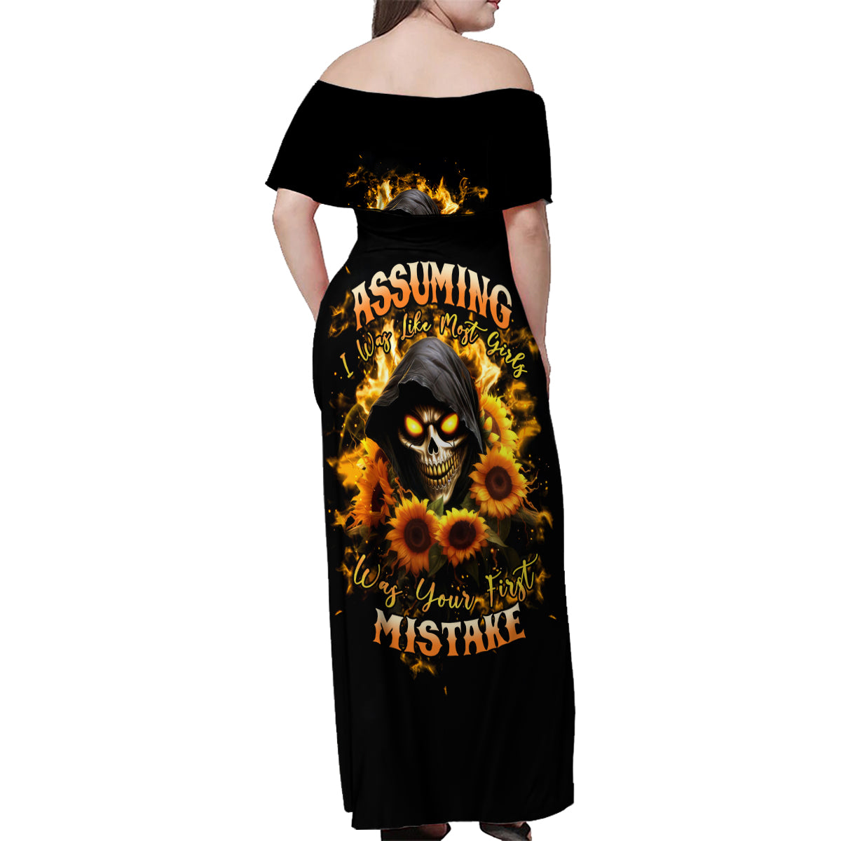 Sunflower Skull Family Matching Off Shoulder Maxi Dress and Hawaiian Shirt Assuming I Was Like Most Girls Was Your First Mistake - Wonder Print Shop