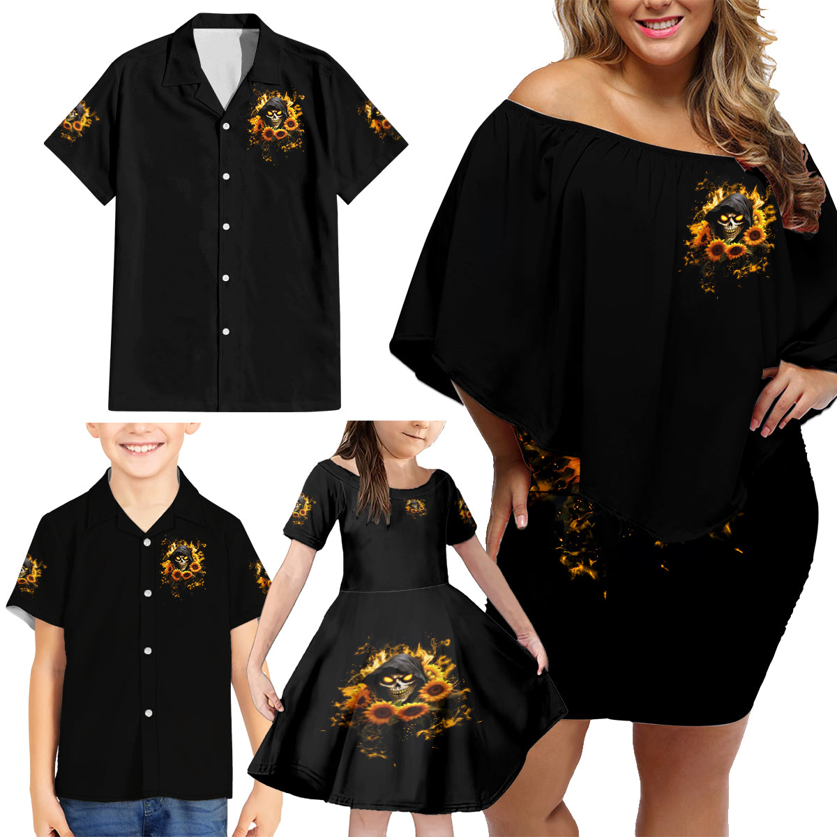 Sunflower Skull Family Matching Off Shoulder Short Dress and Hawaiian Shirt Assuming I Was Like Most Girls Was Your First Mistake - Wonder Print Shop