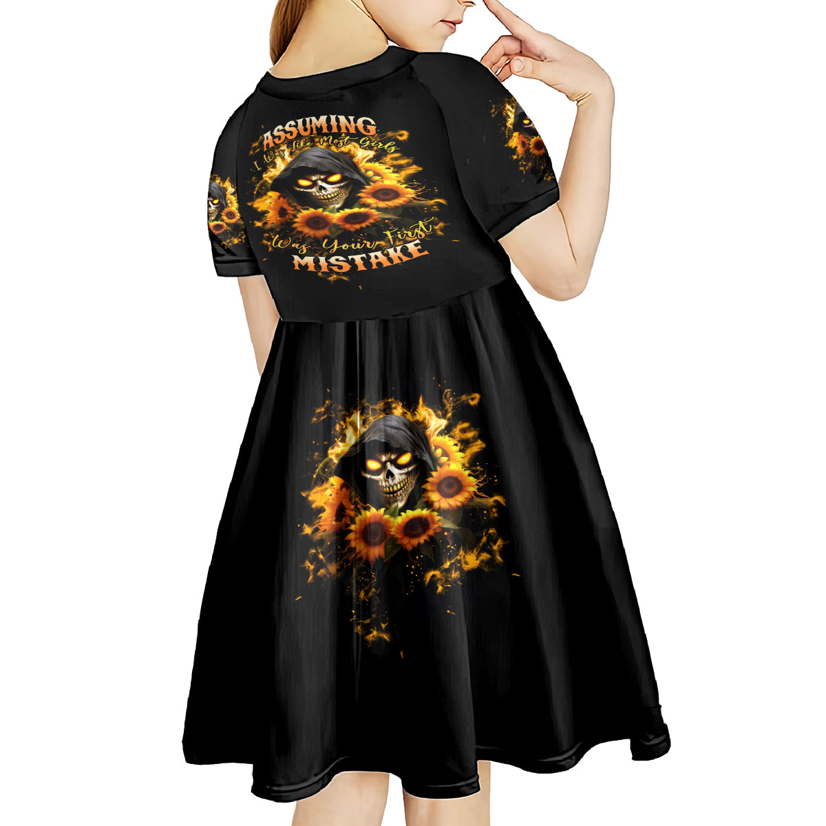Sunflower Skull Kid Short Sleeve Dress Assuming I Was Like Most Girls Was Your First Mistake - Wonder Print Shop
