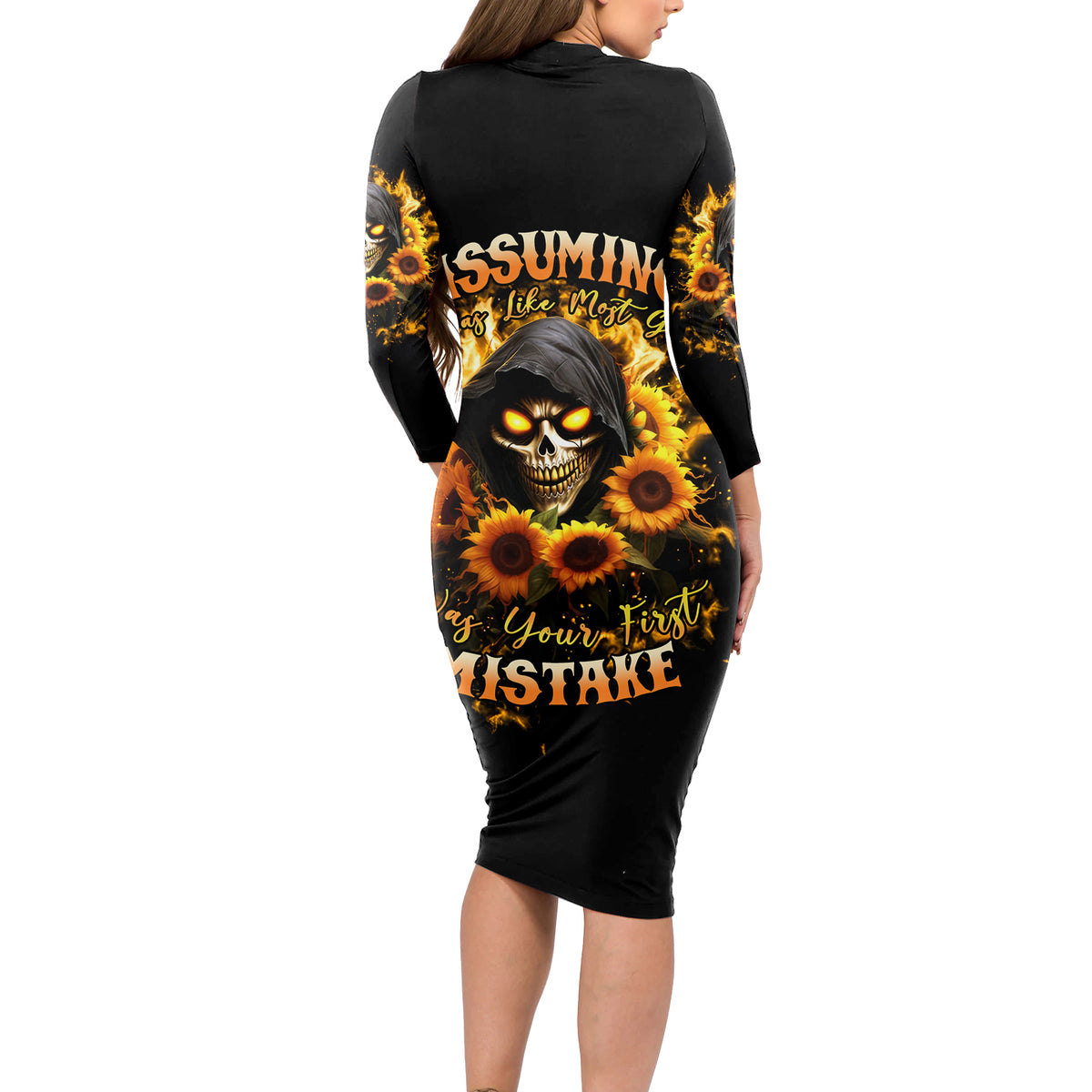 Sunflower Skull Long Sleeve Bodycon Dress Assuming I Was Like Most Girls Was Your First Mistake - Wonder Print Shop