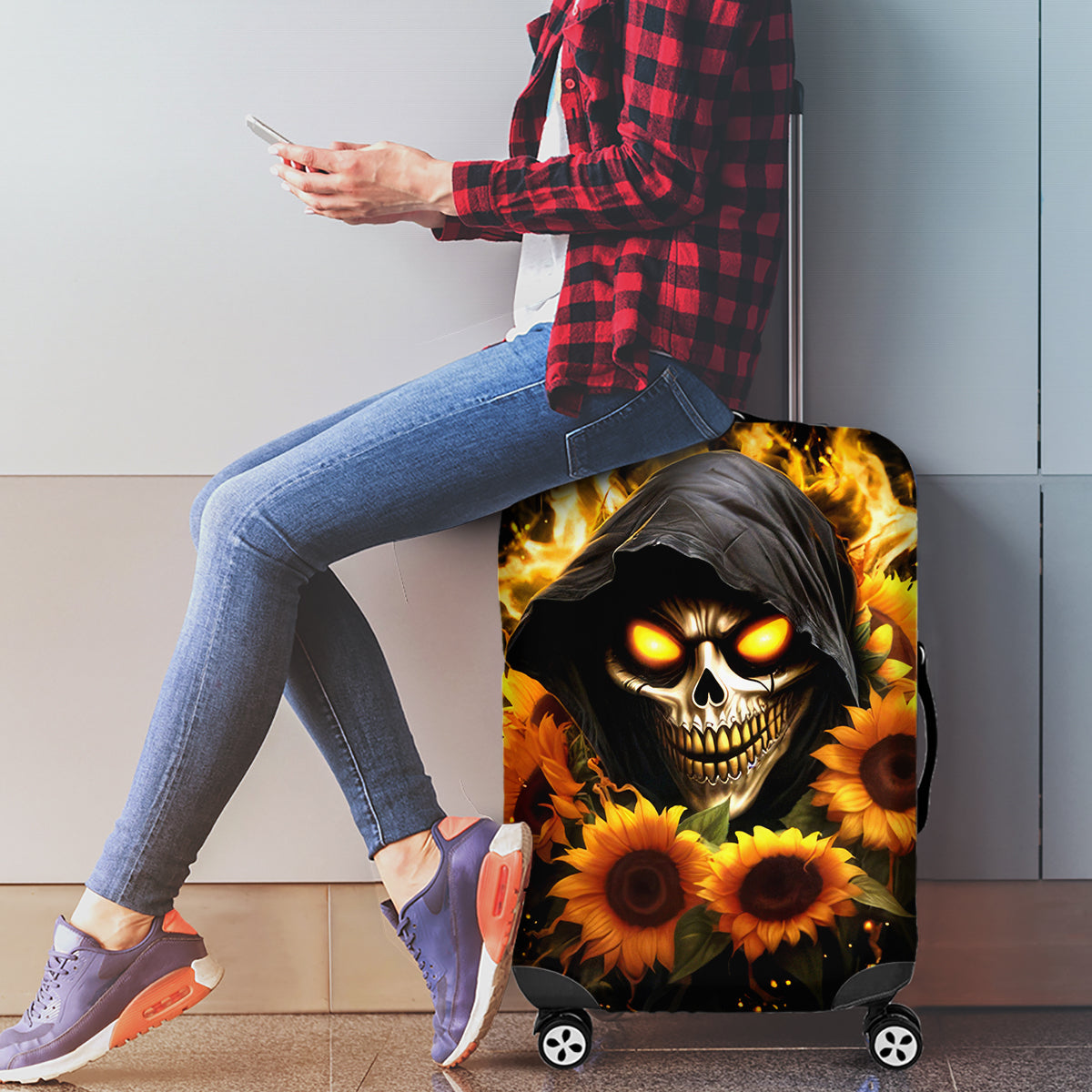 Sunflower Skull Luggage Cover Assuming I Was Like Most Girls Was Your First Mistake - Wonder Print Shop