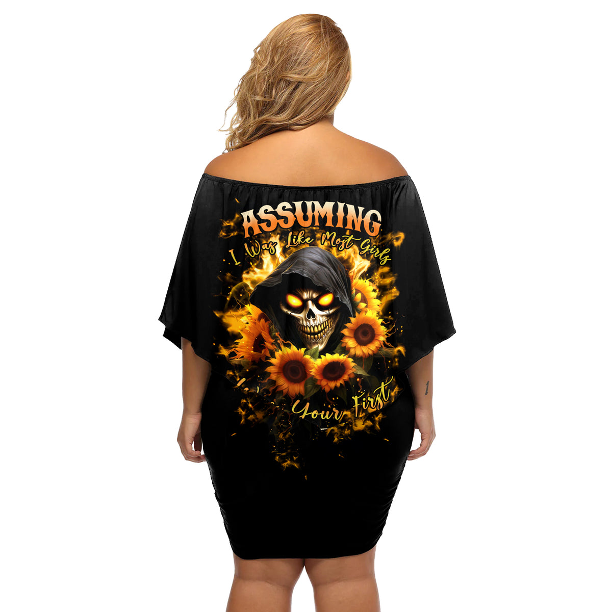 Sunflower Skull Off Shoulder Short Dress Assuming I Was Like Most Girls Was Your First Mistake - Wonder Print Shop
