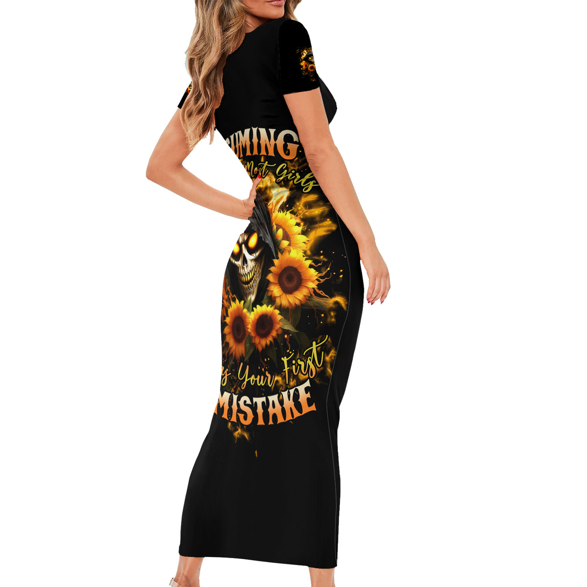 Sunflower Skull Short Sleeve Bodycon Dress Assuming I Was Like Most Girls Was Your First Mistake - Wonder Print Shop