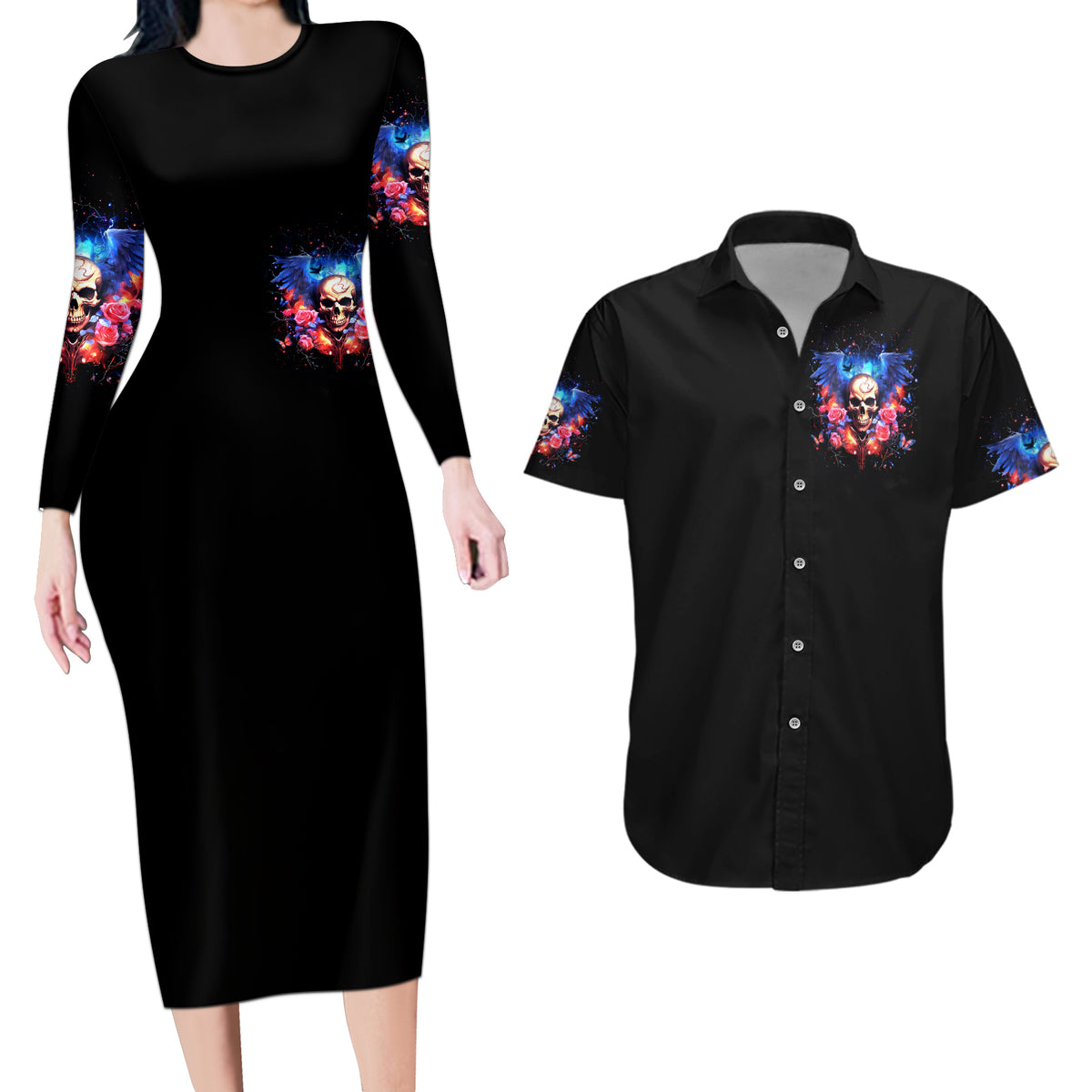 Fairy Skull Couples Matching Long Sleeve Bodycon Dress and Hawaiian Shirt Assuming I Was Like Most Girls Was Your First Mistake - Wonder Print Shop