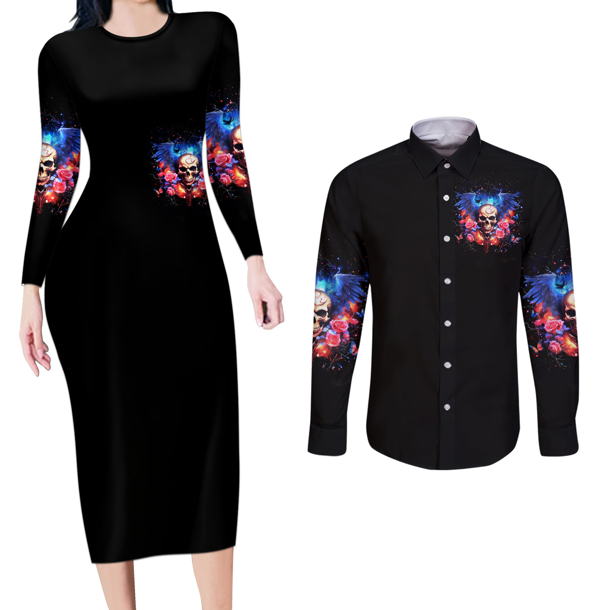 Fairy Skull Couples Matching Long Sleeve Bodycon Dress and Long Sleeve Button Shirt Assuming I Was Like Most Girls Was Your First Mistake - Wonder Print Shop