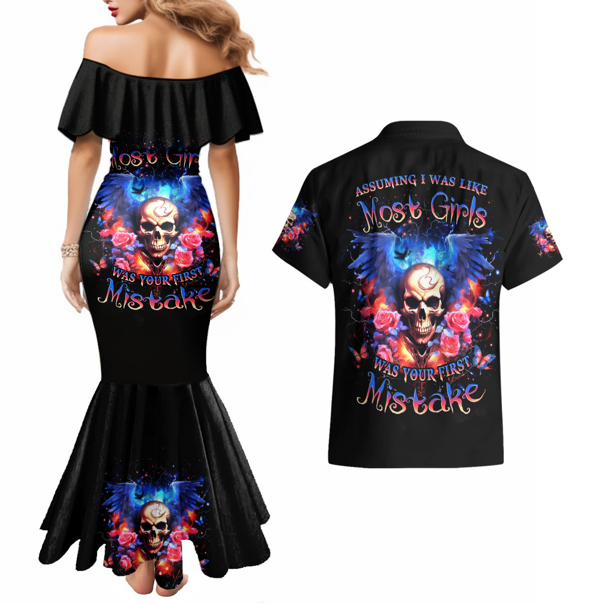 Fairy Skull Couples Matching Mermaid Dress and Hawaiian Shirt Assuming I Was Like Most Girls Was Your First Mistake - Wonder Print Shop