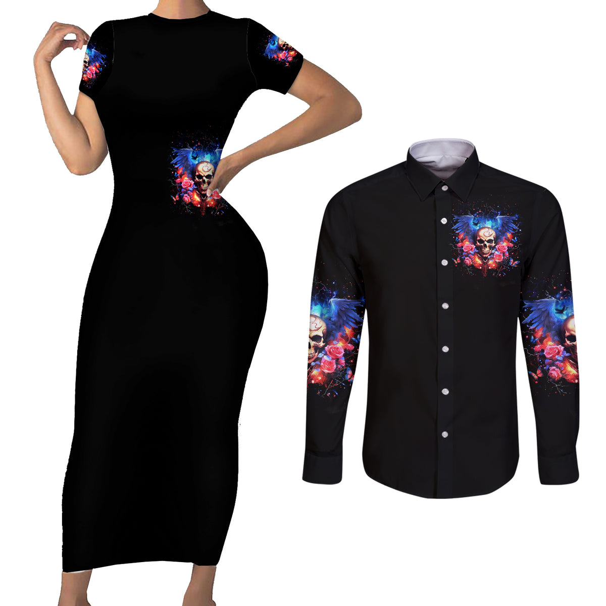 Fairy Skull Couples Matching Short Sleeve Bodycon Dress and Long Sleeve Button Shirt Assuming I Was Like Most Girls Was Your First Mistake - Wonder Print Shop