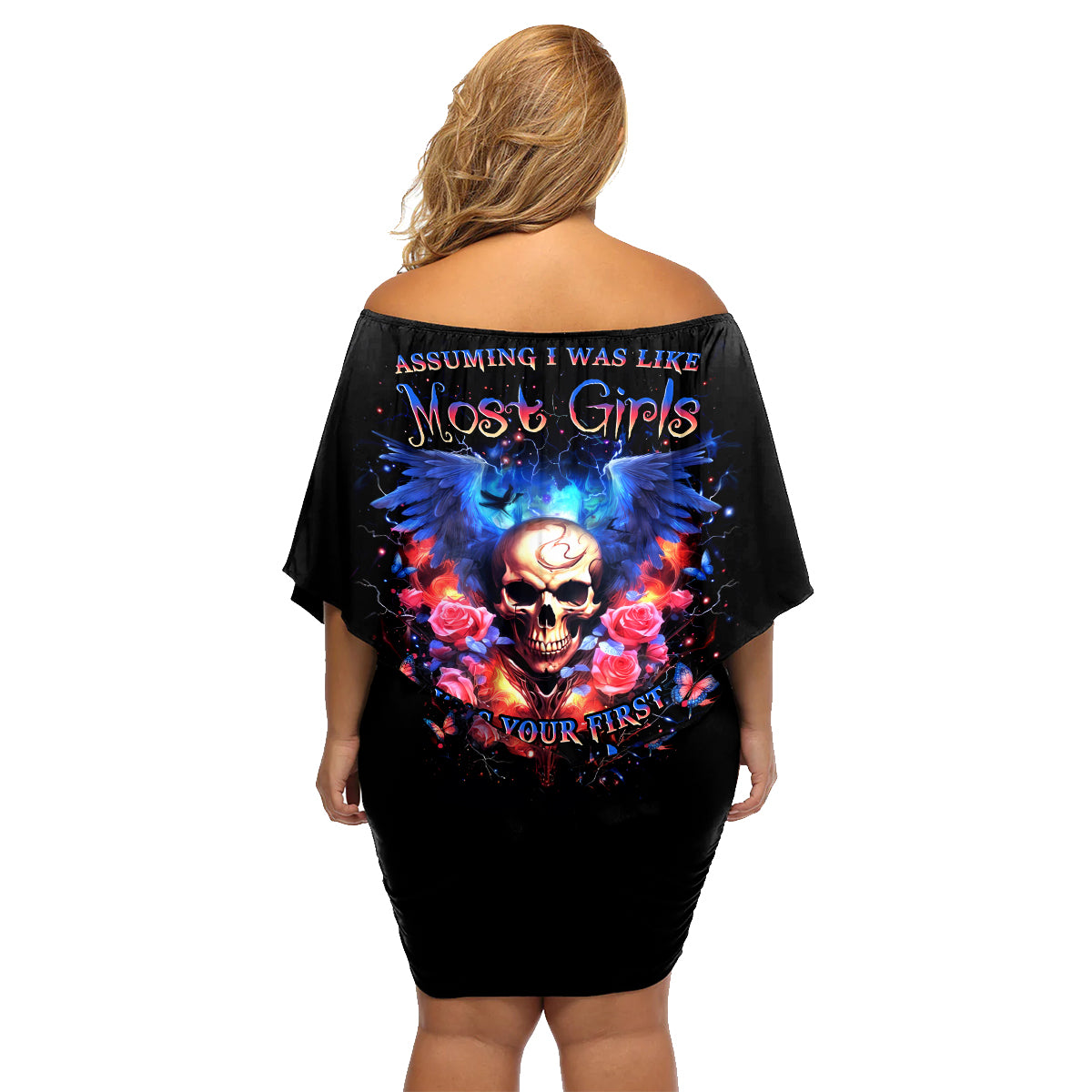 Fairy Skull Family Matching Off Shoulder Short Dress and Hawaiian Shirt Assuming I Was Like Most Girls Was Your First Mistake - Wonder Print Shop