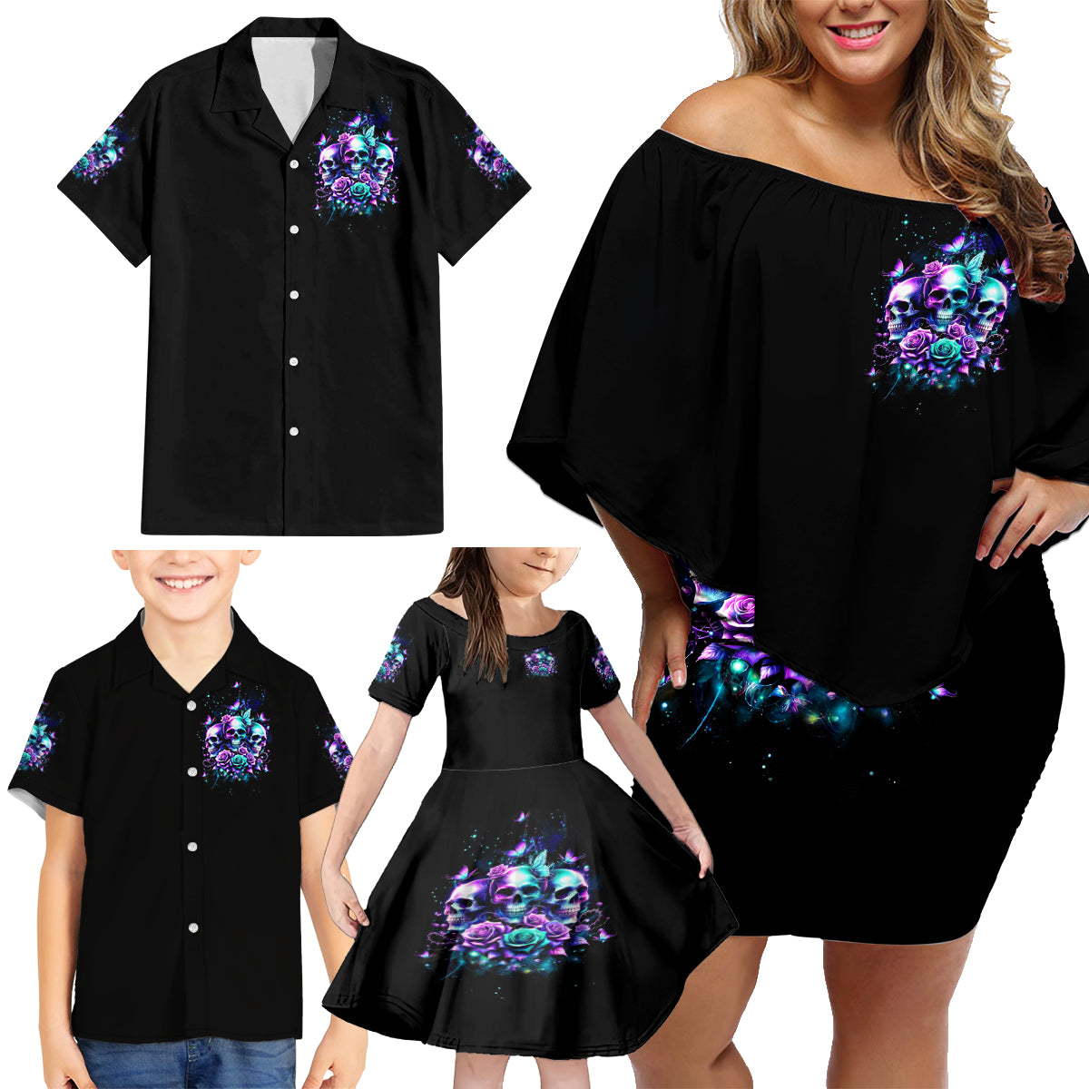 Rose Skull Family Matching Off Shoulder Short Dress and Hawaiian Shirt Stuck Between IDK IDC And IDGAF - Wonder Print Shop