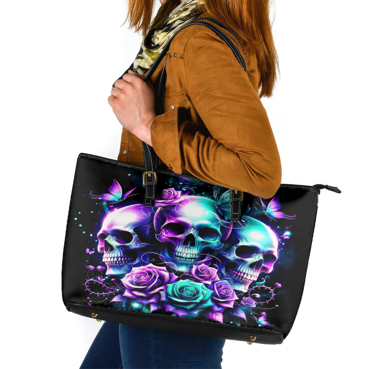 Rose Skull Leather Tote Bag Stuck Between IDK IDC And IDGAF - Wonder Print Shop