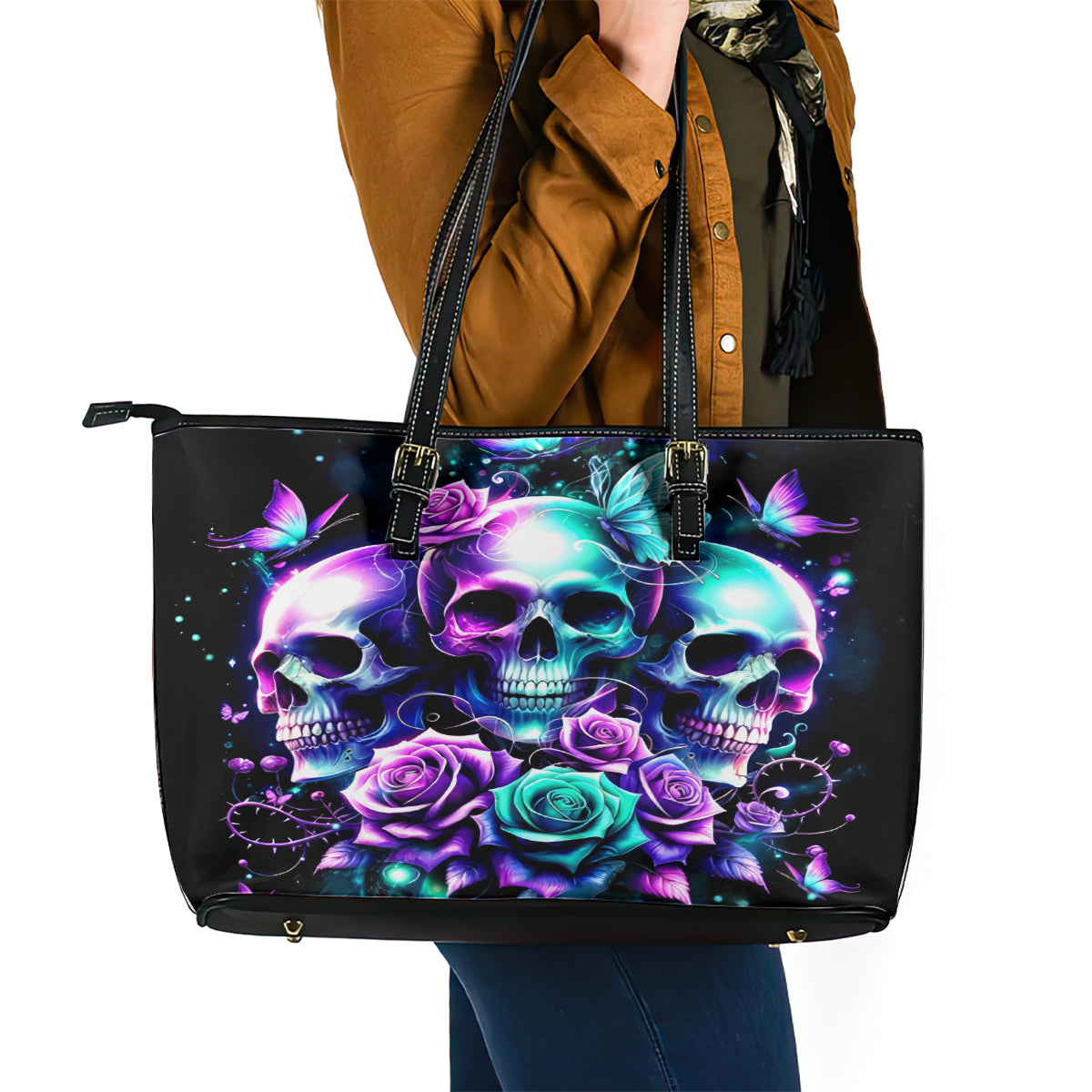 Rose Skull Leather Tote Bag Stuck Between IDK IDC And IDGAF - Wonder Print Shop