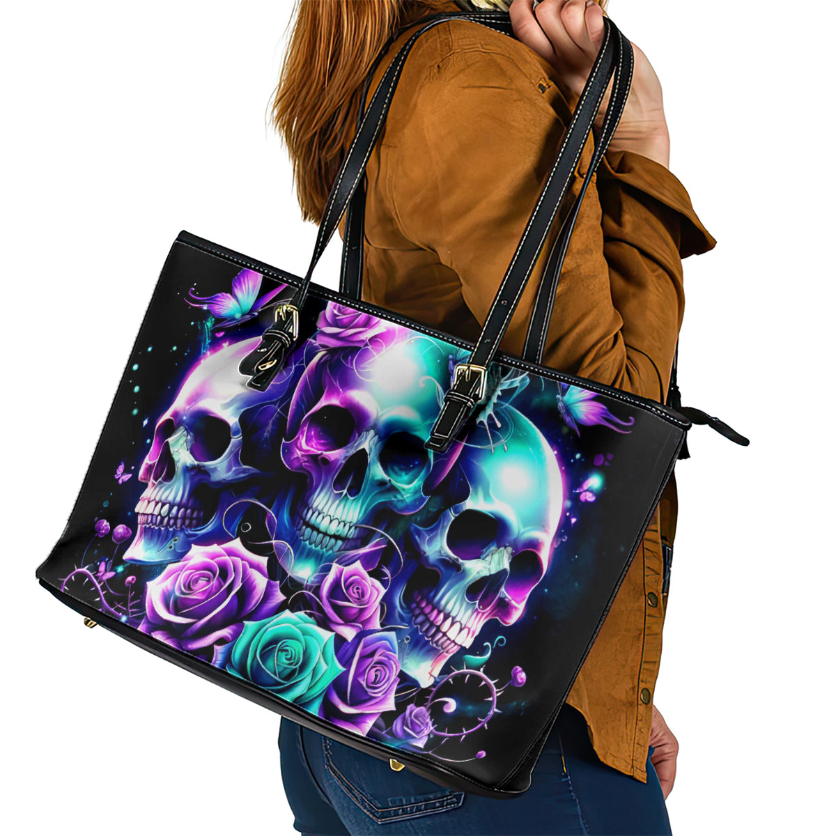 Rose Skull Leather Tote Bag Stuck Between IDK IDC And IDGAF - Wonder Print Shop