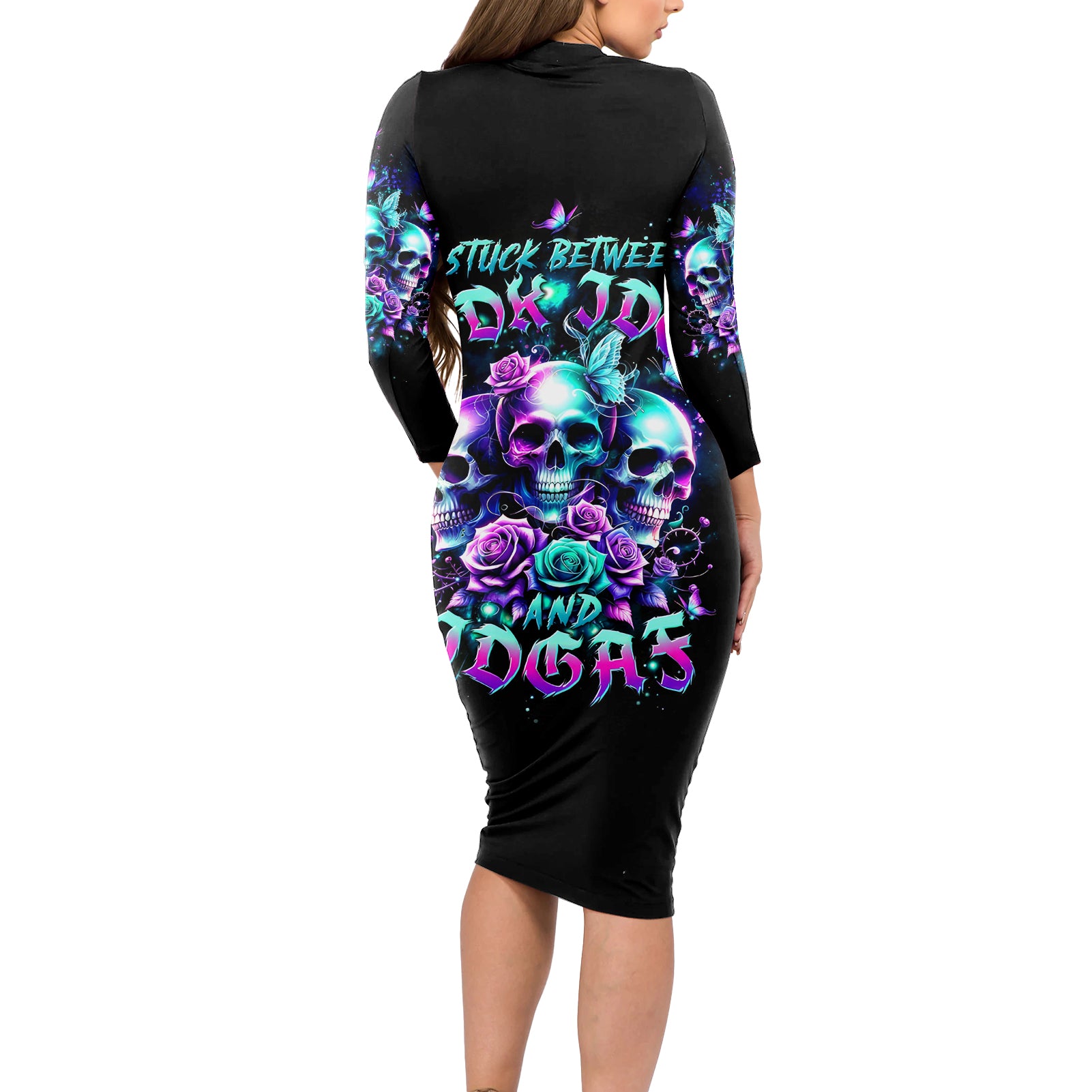Rose Skull Long Sleeve Bodycon Dress Stuck Between IDK IDC And IDGAF - Wonder Print Shop