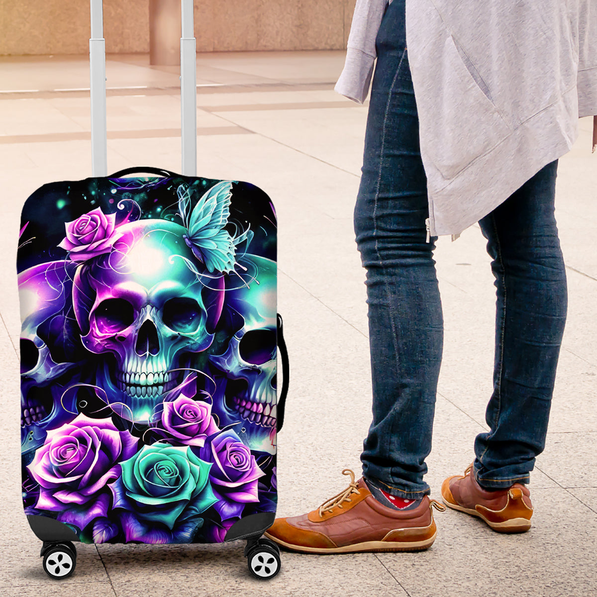 Rose Skull Luggage Cover Stuck Between IDK IDC And IDGAF - Wonder Print Shop