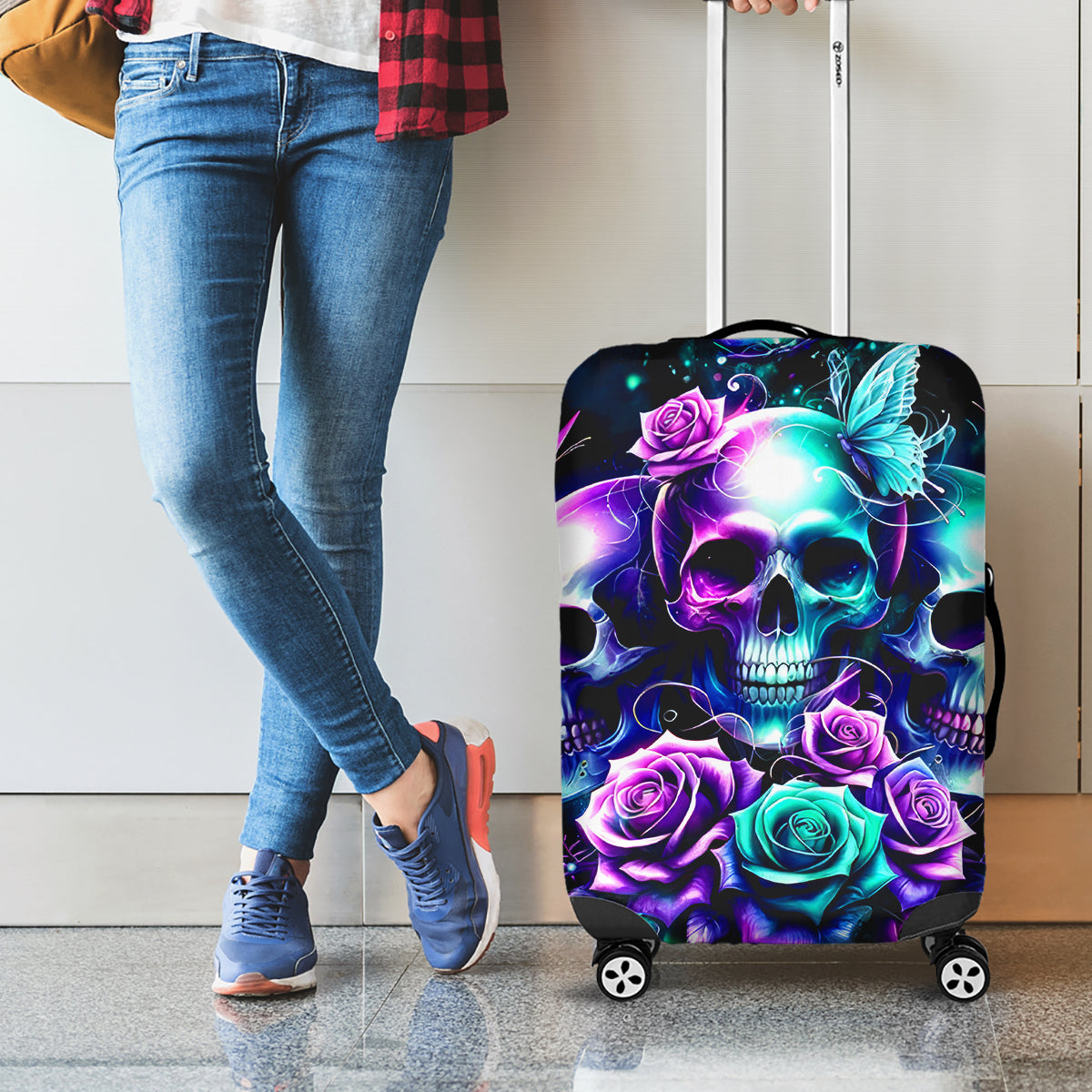 Rose Skull Luggage Cover Stuck Between IDK IDC And IDGAF - Wonder Print Shop