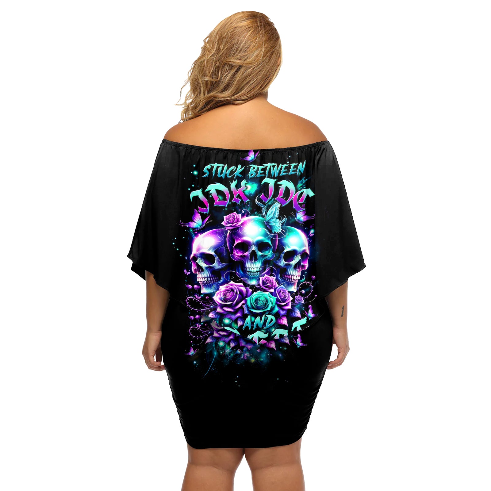 Rose Skull Off Shoulder Short Dress Stuck Between IDK IDC And IDGAF - Wonder Print Shop
