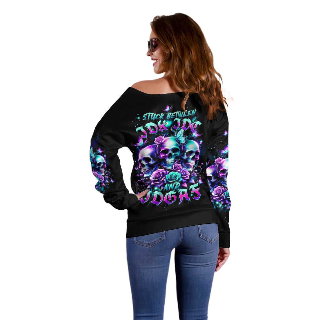 Rose Skull Off Shoulder Sweater Stuck Between IDK IDC And IDGAF - Wonder Print Shop