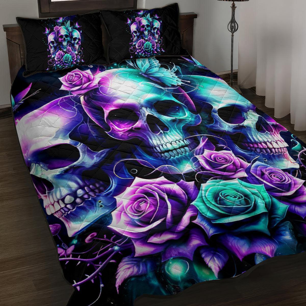 Rose Skull Quilt Bed Set Stuck Between IDK IDC And IDGAF - Wonder Print Shop