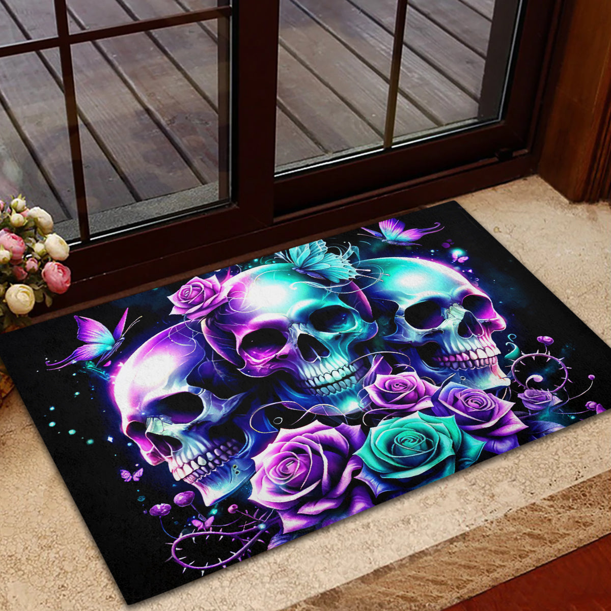 Rose Skull Rubber Doormat Stuck Between IDK IDC And IDGAF - Wonder Print Shop