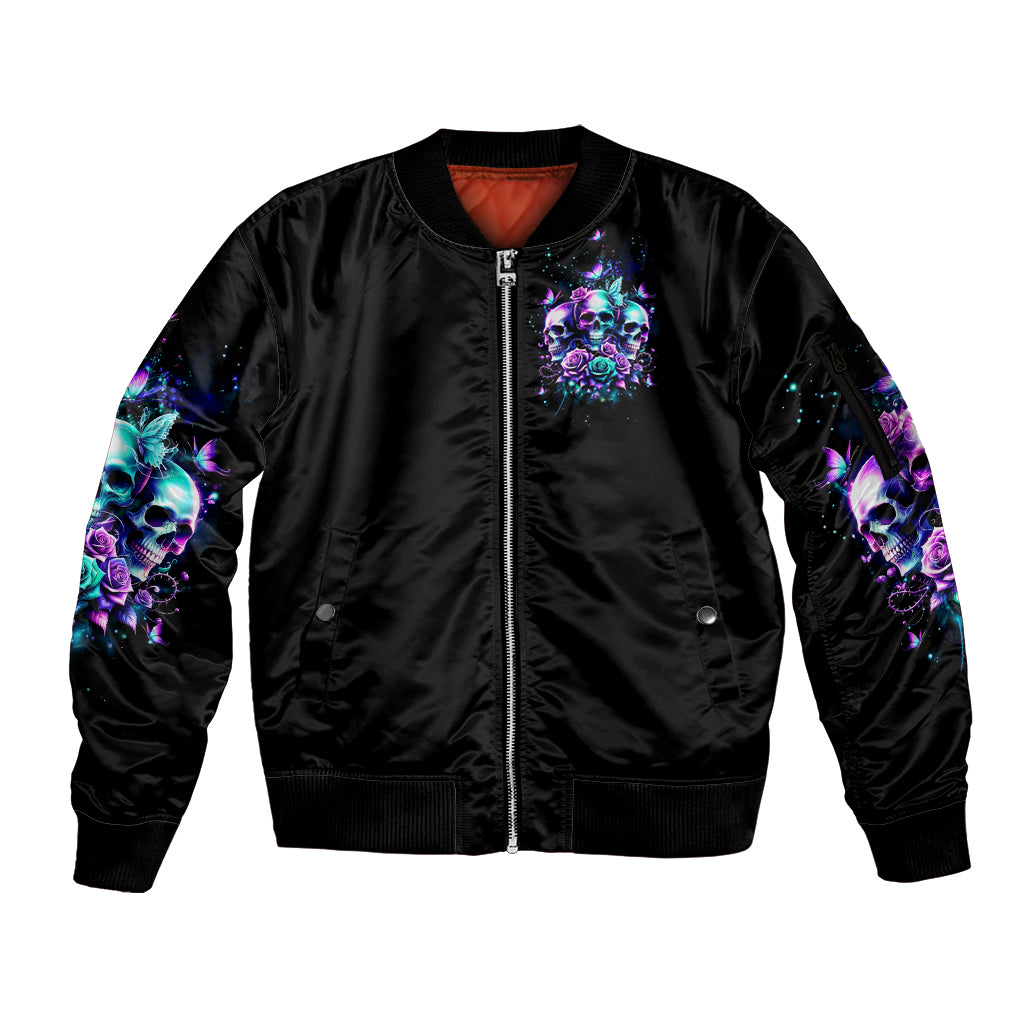 Rose Skull Sleeve Zip Bomber Jacket Stuck Between IDK IDC And IDGAF - Wonder Print Shop