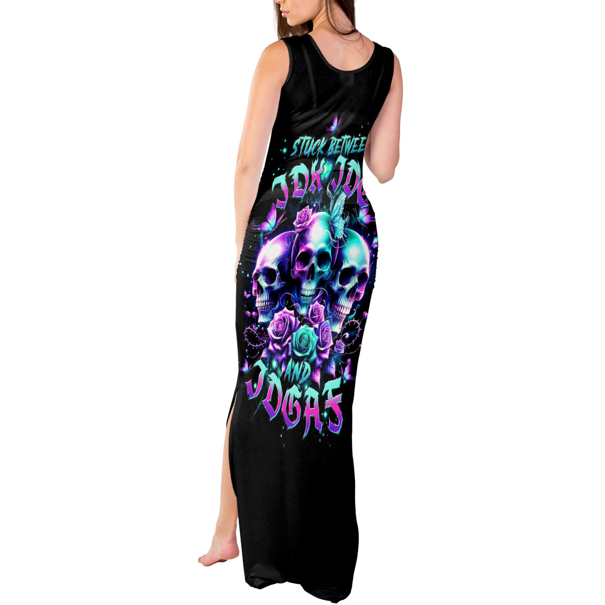 Rose Skull Tank Maxi Dress Stuck Between IDK IDC And IDGAF - Wonder Print Shop