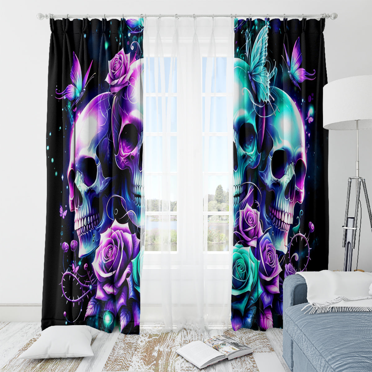 Rose Skull Window Curtain Stuck Between IDK IDC And IDGAF - Wonder Print Shop