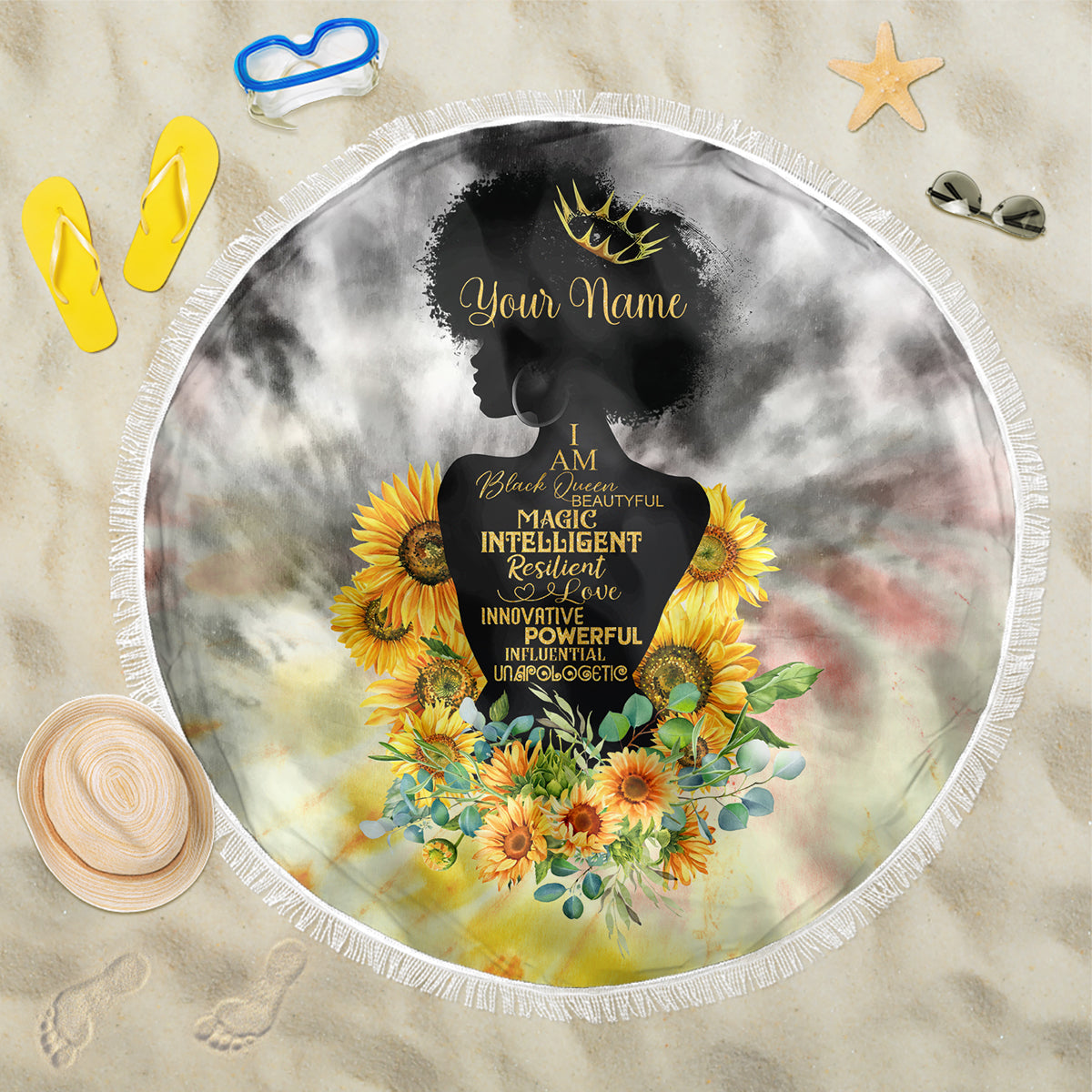 I Am Black Queen Beach Blanket Flowers Retro Style