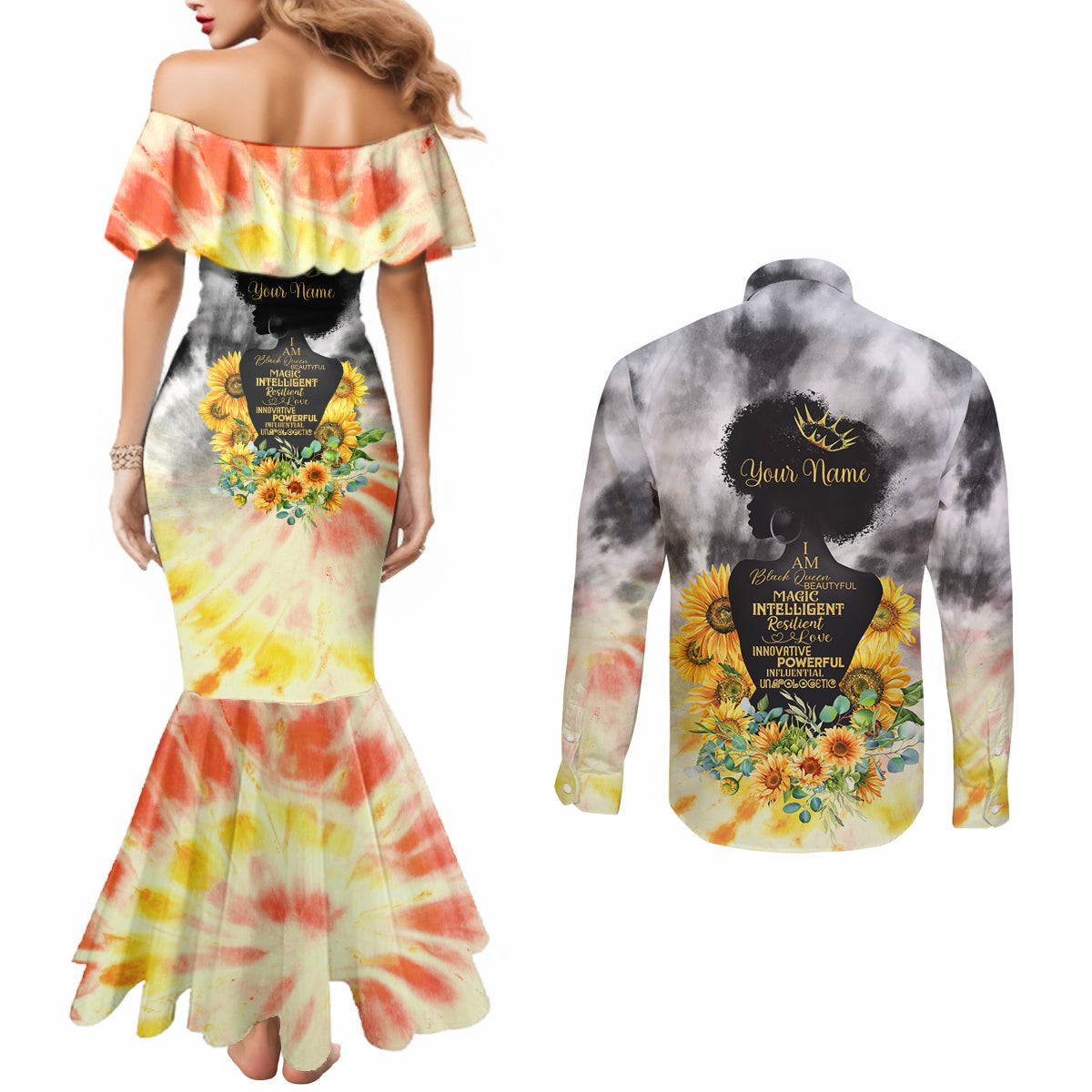 I Am Black Queen Couples Matching Mermaid Dress and Long Sleeve Button Shirt Flowers Retro Style