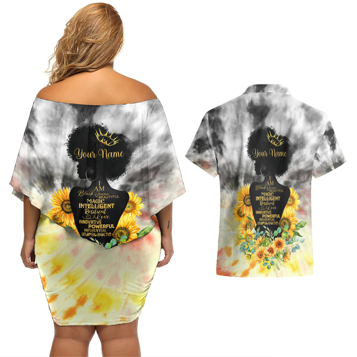 I Am Black Queen Couples Matching Off Shoulder Short Dress and Hawaiian Shirt Flowers Retro Style - Wonder Print Shop
