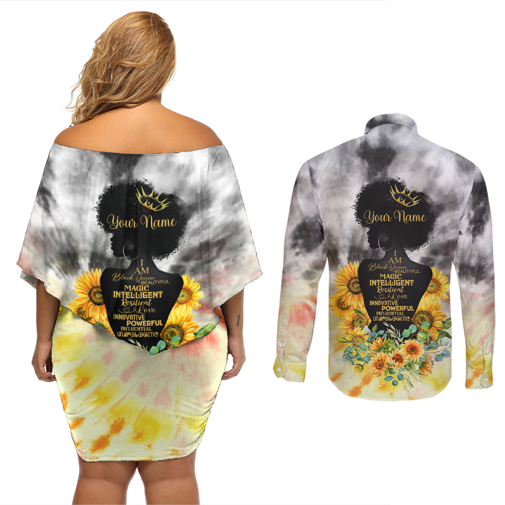 I Am Black Queen Couples Matching Off Shoulder Short Dress and Long Sleeve Button Shirt Flowers Retro Style - Wonder Print Shop