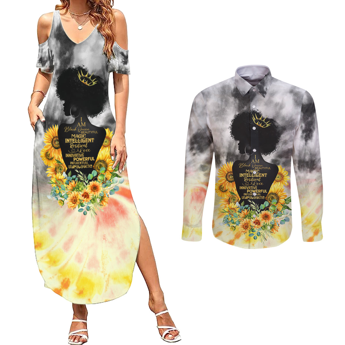 I Am Black Queen Couples Matching Summer Maxi Dress and Long Sleeve Button Shirt Flowers Retro Style - Wonder Print Shop