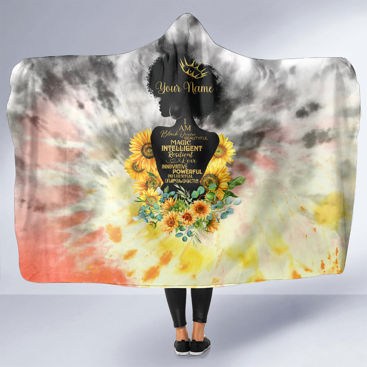 I Am Black Queen Hooded Blanket Flowers Retro Style