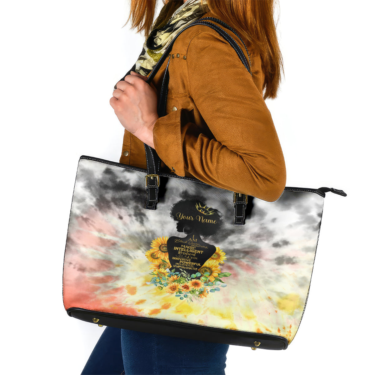 I Am Black Queen Leather Tote Bag Flowers Retro Style - Wonder Print Shop