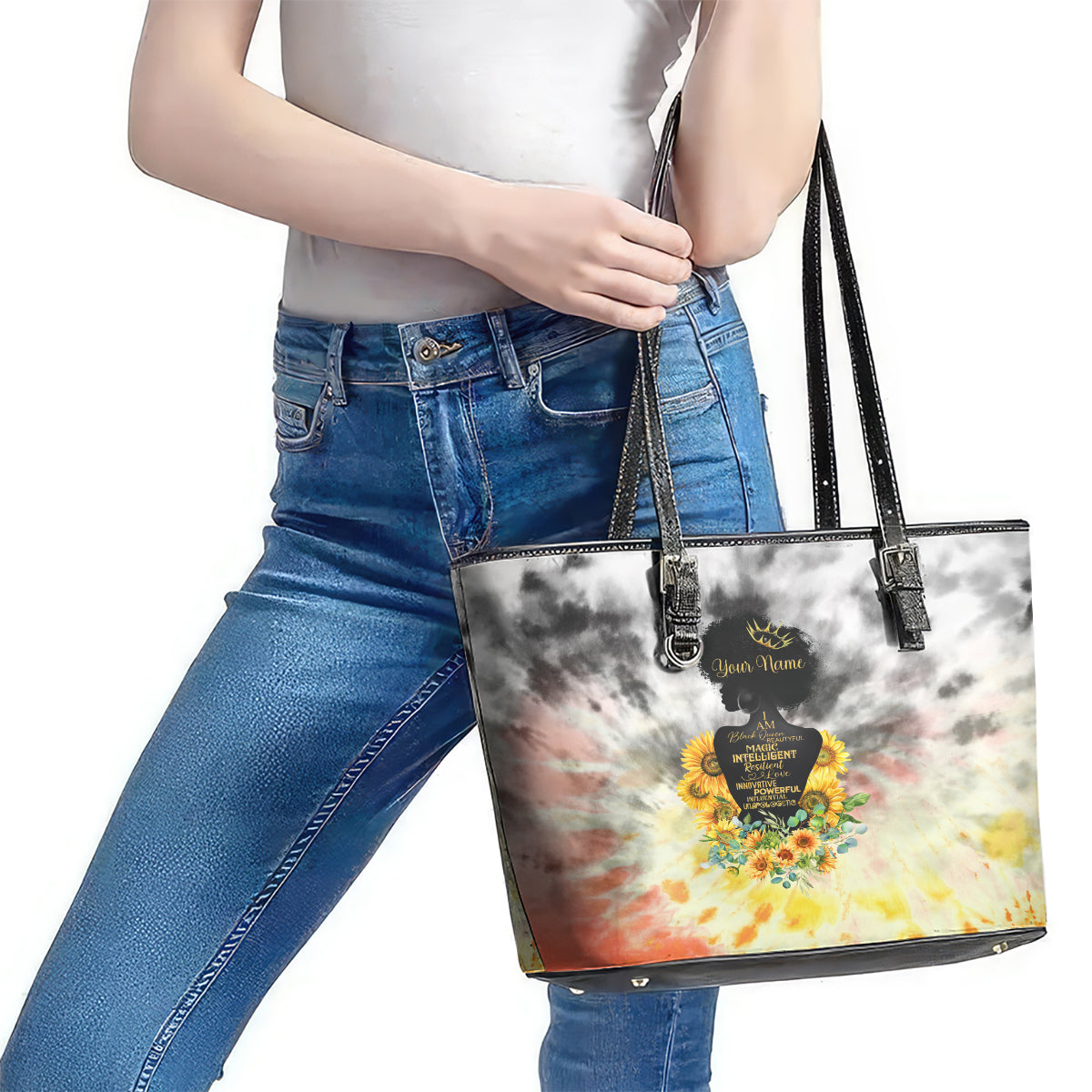 I Am Black Queen Leather Tote Bag Flowers Retro Style - Wonder Print Shop