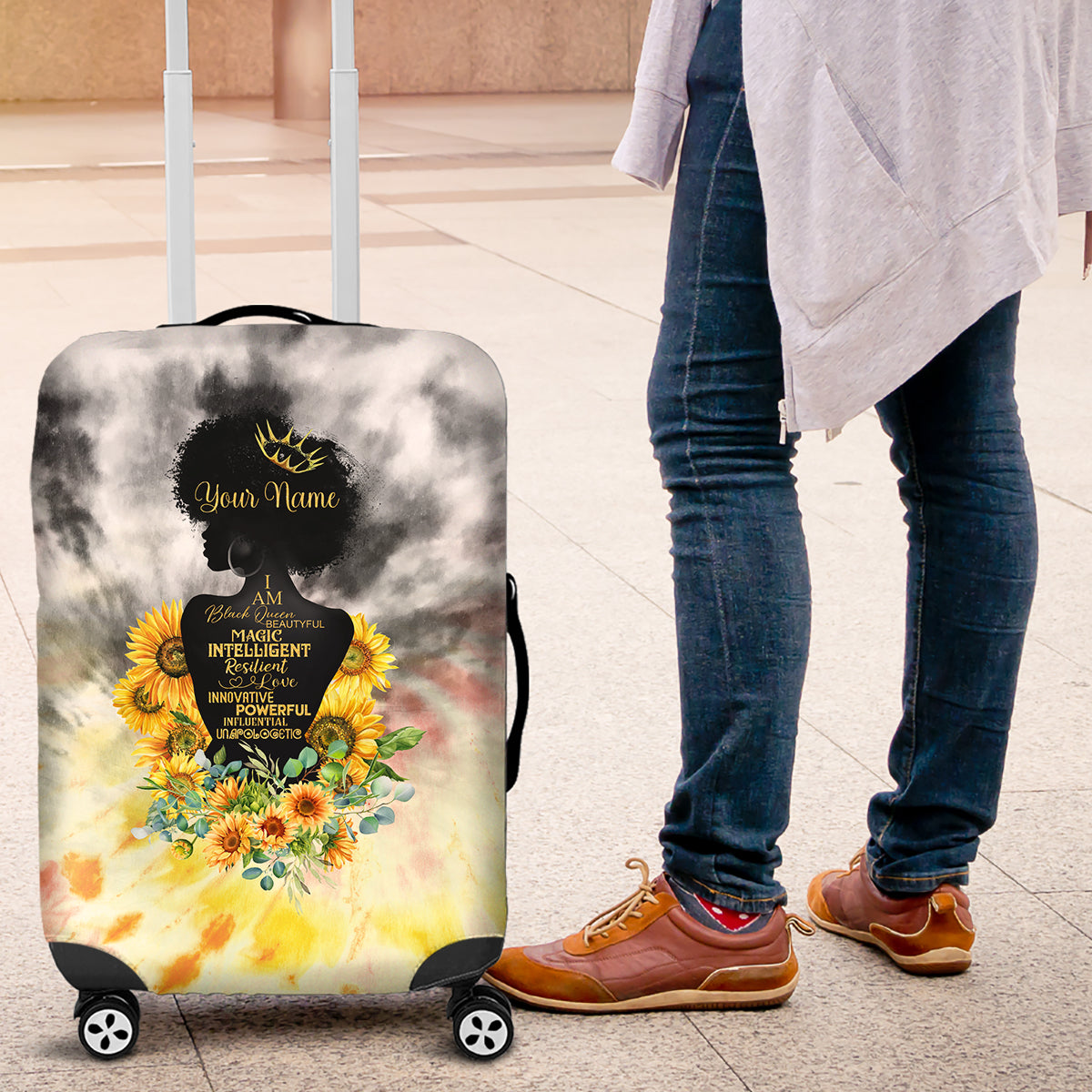 I Am Black Queen Luggage Cover Flowers Retro Style - Wonder Print Shop