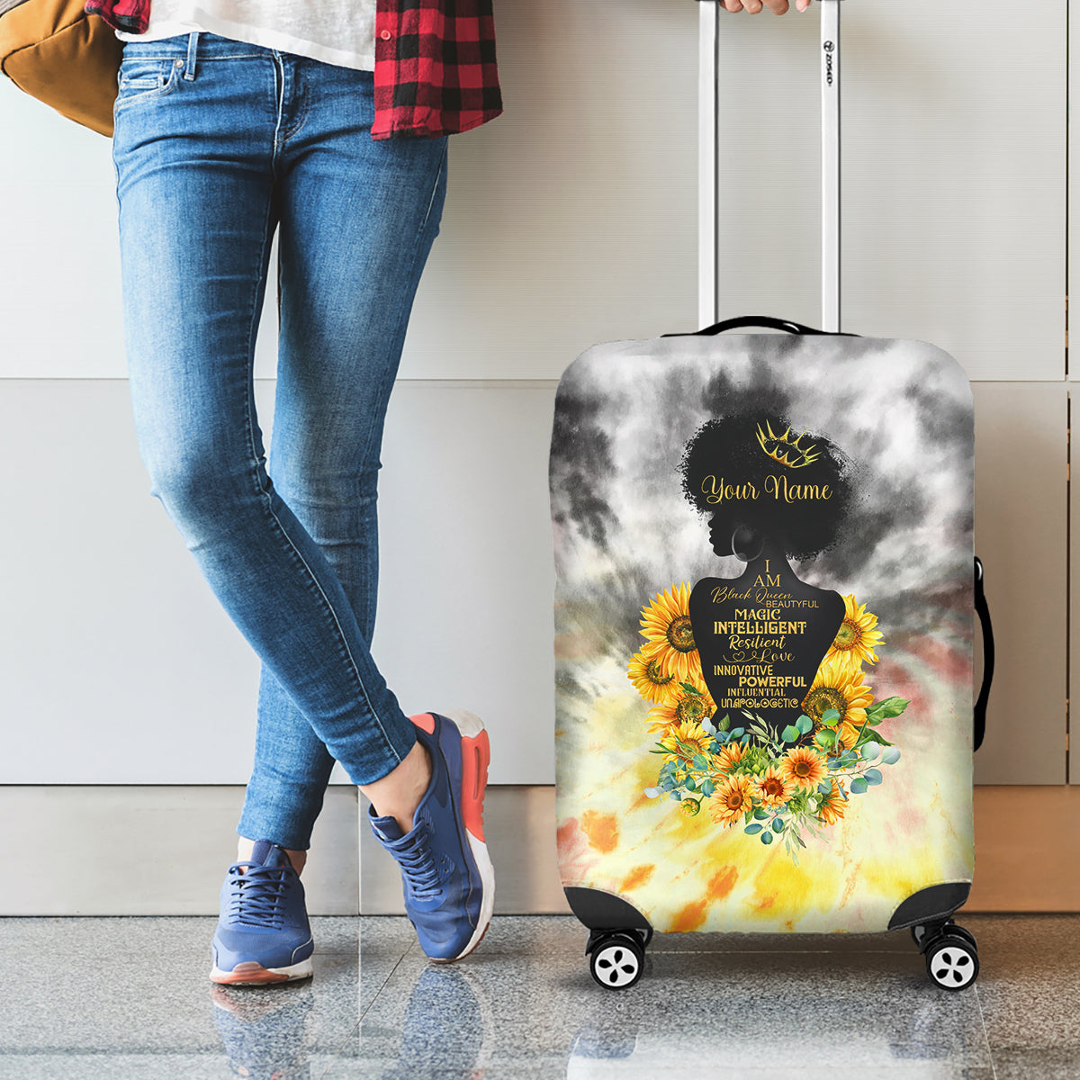 I Am Black Queen Luggage Cover Flowers Retro Style - Wonder Print Shop