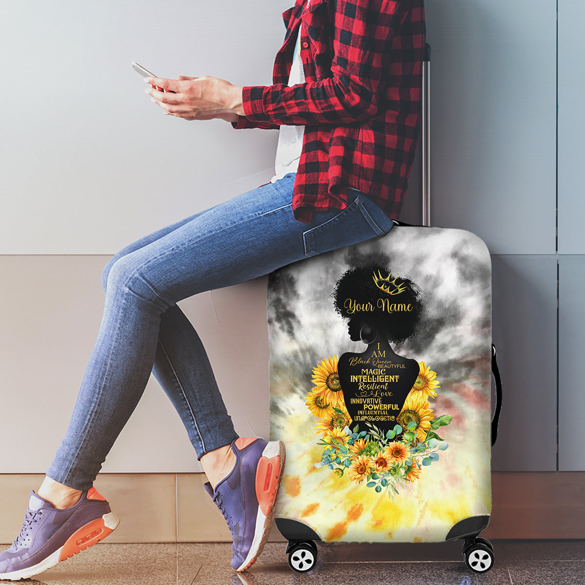 I Am Black Queen Luggage Cover Flowers Retro Style - Wonder Print Shop