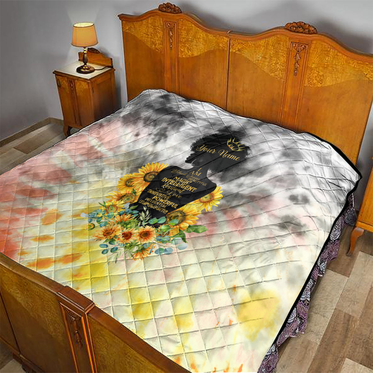 I Am Black Queen Quilt Flowers Retro Style - Wonder Print Shop