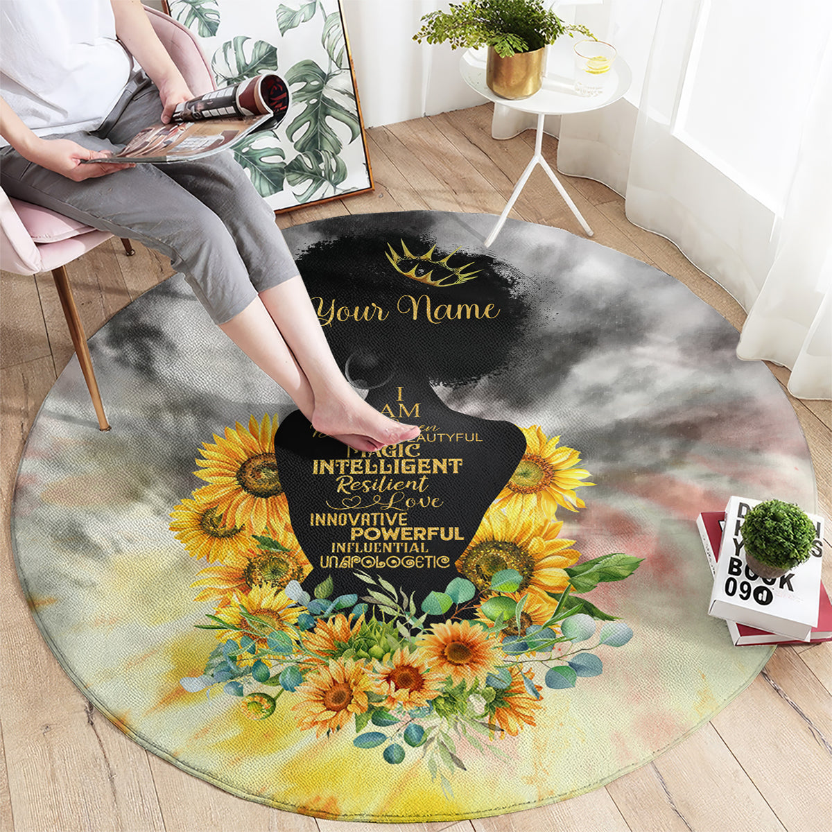 I Am Black Queen Round Carpet Flowers Retro Style