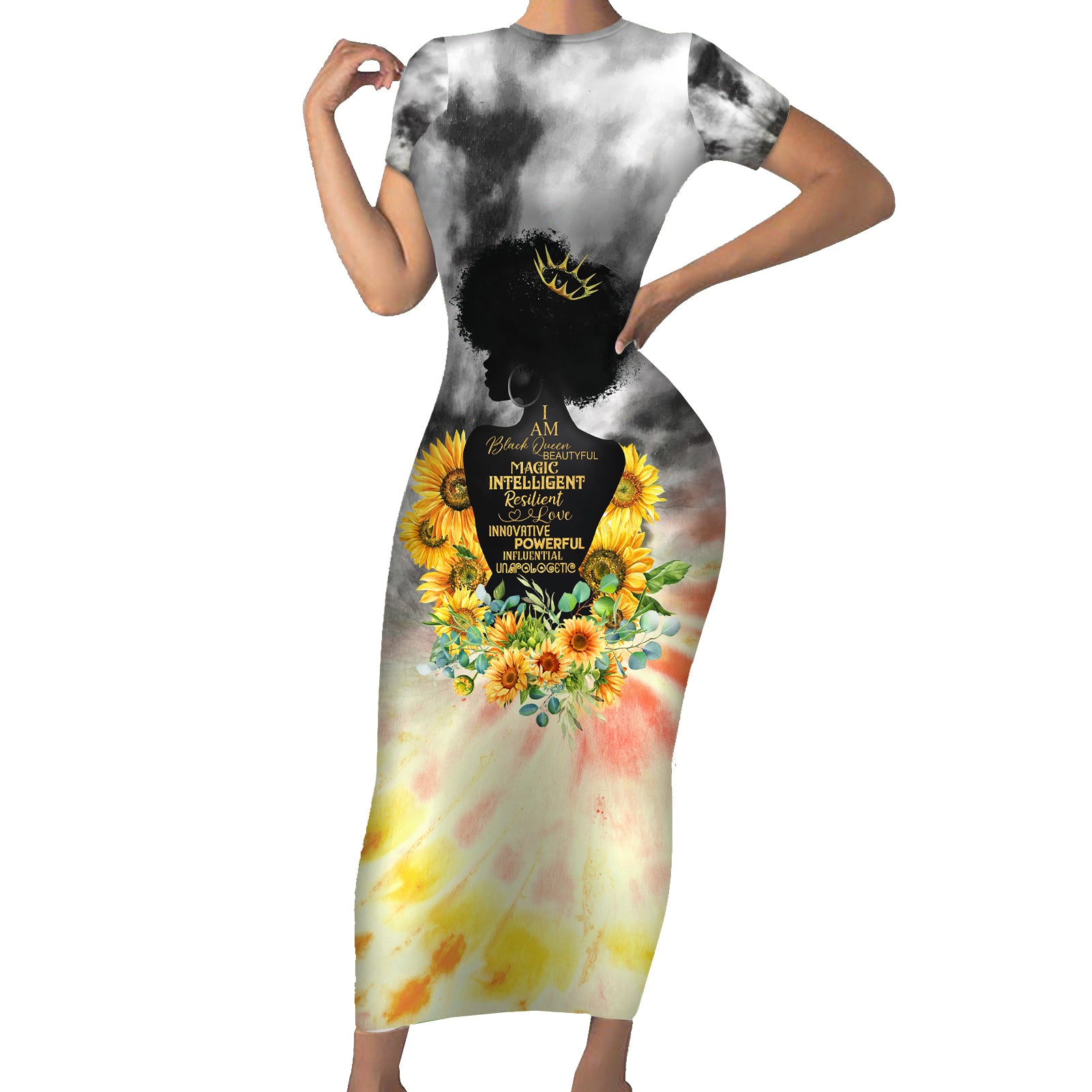 I Am Black Queen Short Sleeve Bodycon Dress Flowers Retro Style - Wonder Print Shop