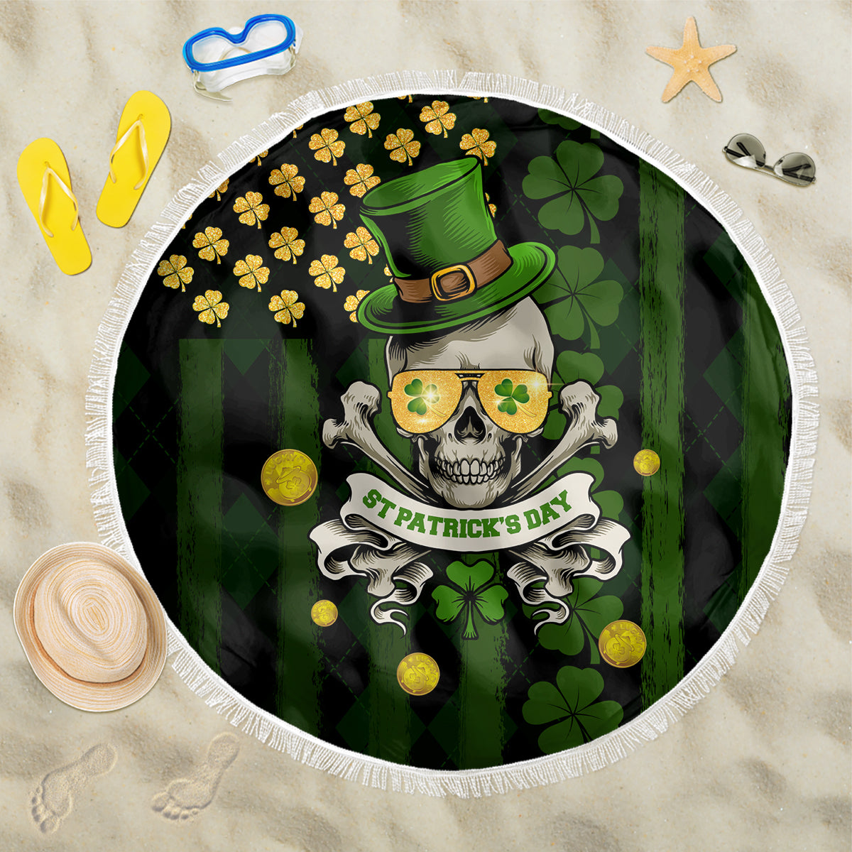 St Patrick's Day Skull Beach Blanket American Flag Shamrock - Wonder Print Shop