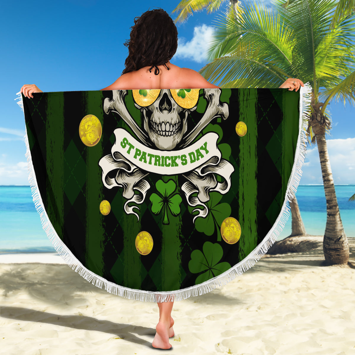 St Patrick's Day Skull Beach Blanket American Flag Shamrock - Wonder Print Shop