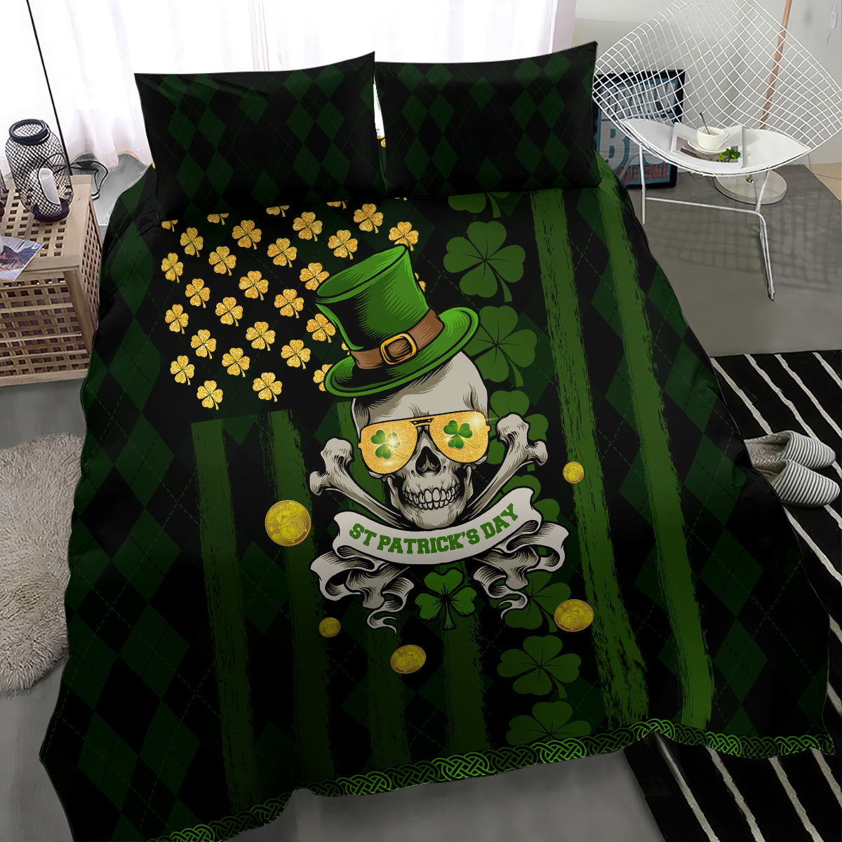 St Patrick's Day Skull Bedding Set American Flag Shamrock - Wonder Print Shop